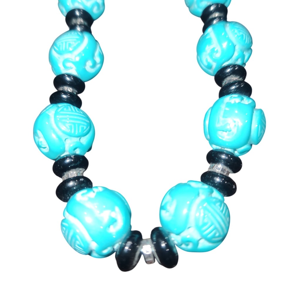 Kenneth Jay Lane KJL Faux Turquoise Carved Asian‎ Bead Necklace 16in